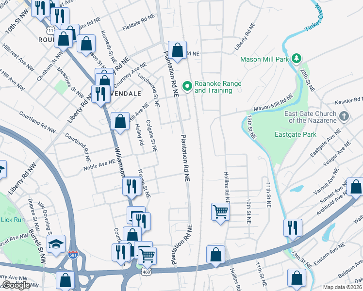 map of restaurants, bars, coffee shops, grocery stores, and more near 1924 Plantation Road Northeast in Roanoke