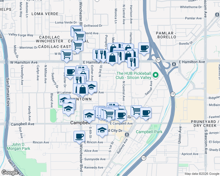 map of restaurants, bars, coffee shops, grocery stores, and more near 312 North 2nd Street in Campbell