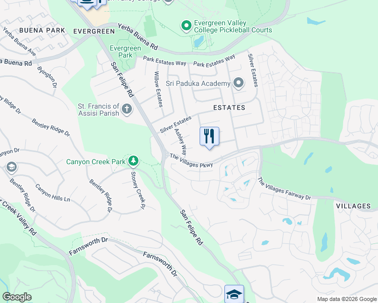 map of restaurants, bars, coffee shops, grocery stores, and more near 5293 Ashley Way in San Jose