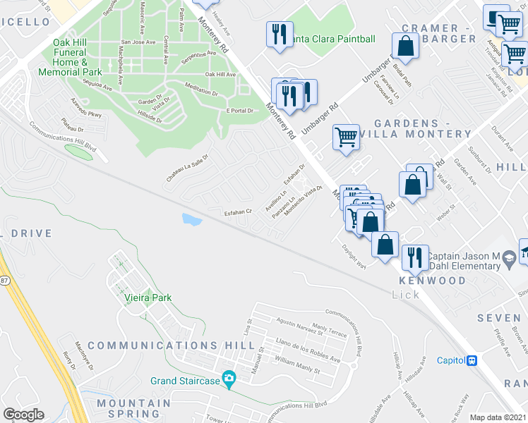map of restaurants, bars, coffee shops, grocery stores, and more near 156 Esfahan Drive in San Jose