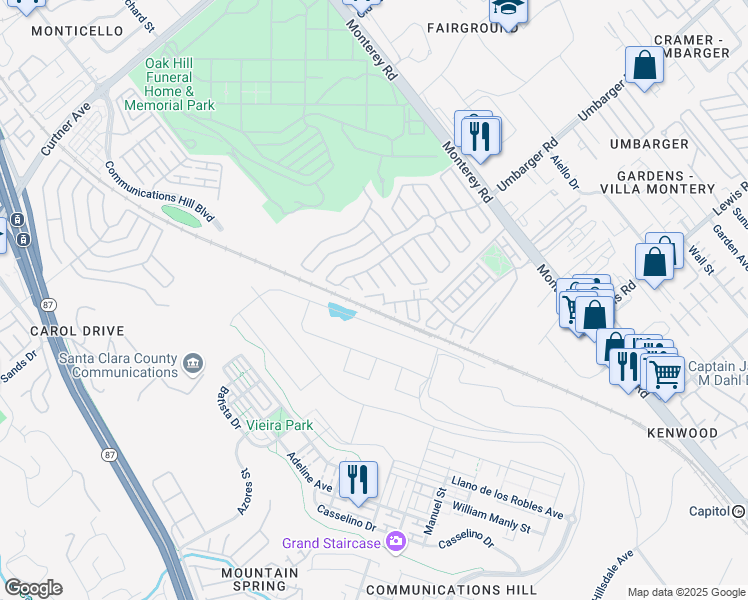 map of restaurants, bars, coffee shops, grocery stores, and more near 337 Esfahan Drive in San Jose