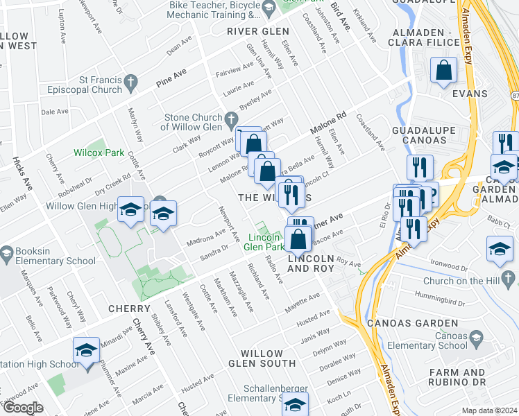 map of restaurants, bars, coffee shops, grocery stores, and more near in San Jose