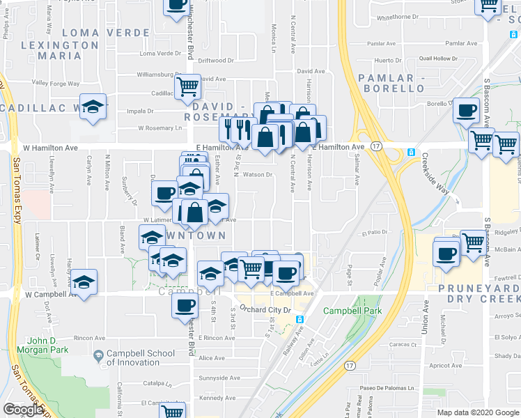 map of restaurants, bars, coffee shops, grocery stores, and more near 312 North 2nd Street in Campbell