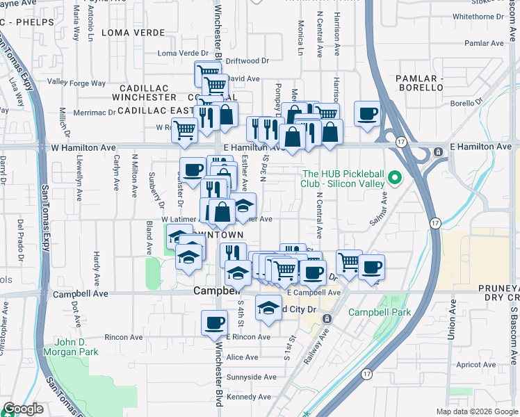 map of restaurants, bars, coffee shops, grocery stores, and more near 314 North 3rd Street in Campbell