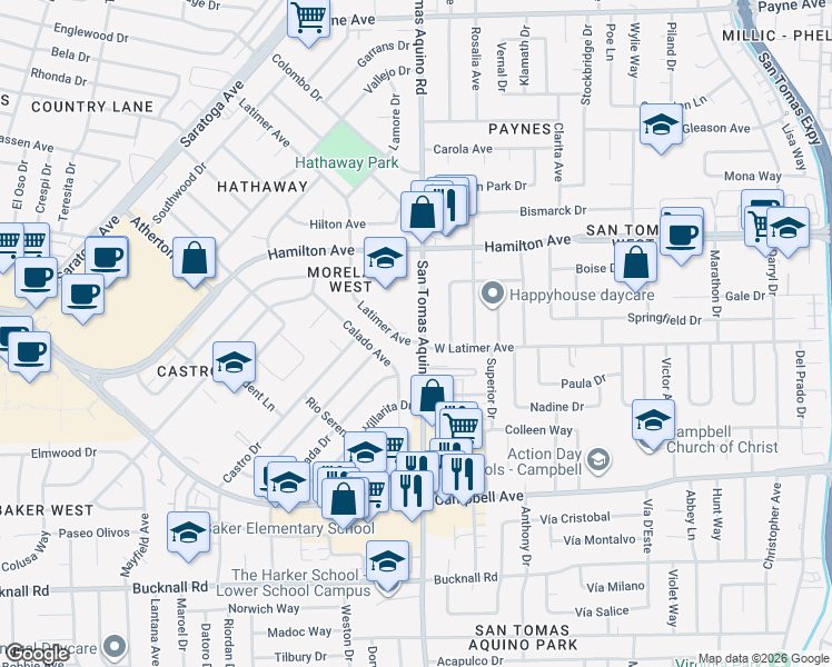 map of restaurants, bars, coffee shops, grocery stores, and more near 1725 San Tomas Aquino Road in San Jose