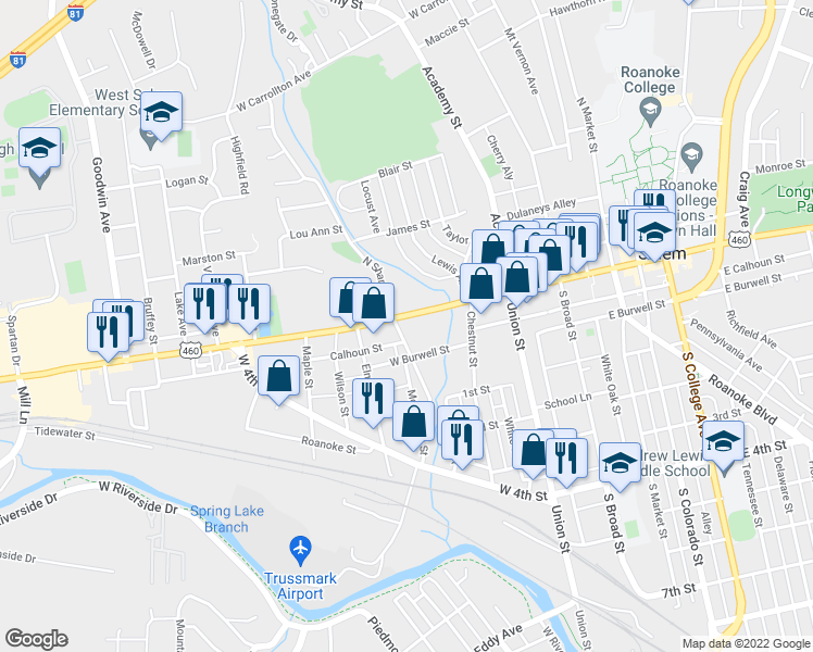 map of restaurants, bars, coffee shops, grocery stores, and more near 232 North Shanks Street in Salem