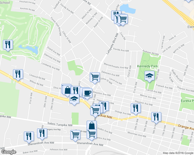 map of restaurants, bars, coffee shops, grocery stores, and more near 1204 Highway 116 in Roanoke
