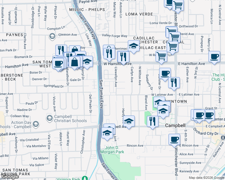 map of restaurants, bars, coffee shops, grocery stores, and more near 269 Wagon Way in Campbell