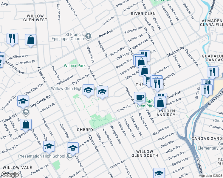 map of restaurants, bars, coffee shops, grocery stores, and more near 1248 Malone Road in San Jose