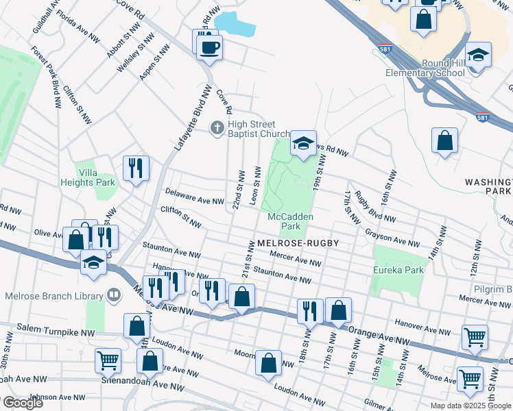map of restaurants, bars, coffee shops, grocery stores, and more near 1301 Leon Street Northwest in Roanoke