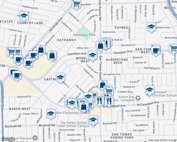 map of restaurants, bars, coffee shops, grocery stores, and more near 4260 Latimer Avenue in San Jose