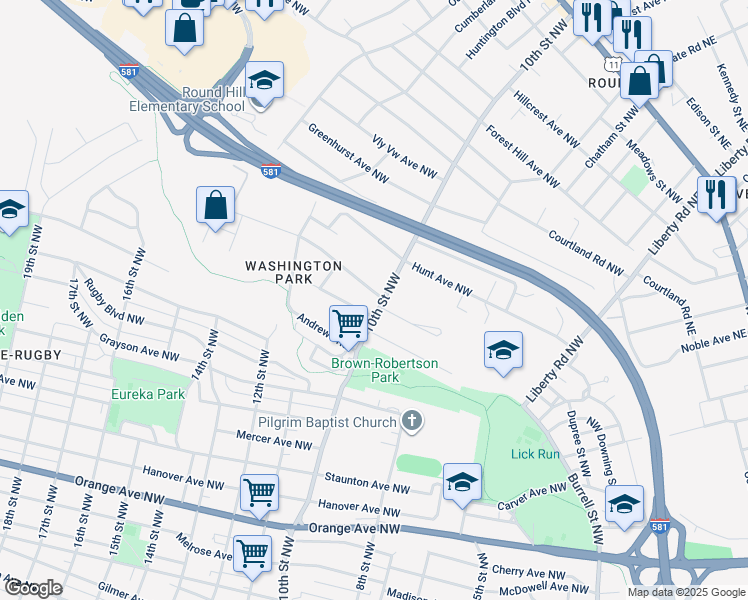 map of restaurants, bars, coffee shops, grocery stores, and more near 1714 10th Street Northwest in Roanoke