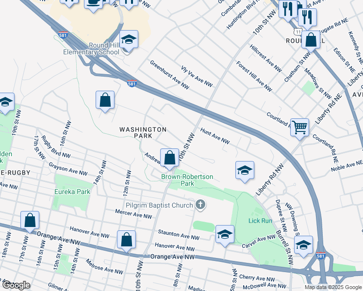 map of restaurants, bars, coffee shops, grocery stores, and more near 1714 10th Street Northwest in Roanoke