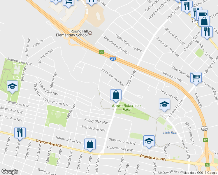 map of restaurants, bars, coffee shops, grocery stores, and more near 1052 Alview Avenue Northwest in Roanoke