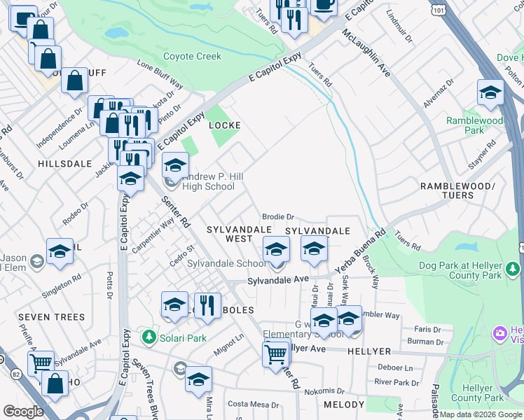 map of restaurants, bars, coffee shops, grocery stores, and more near 3422 Brodie Drive in San Jose