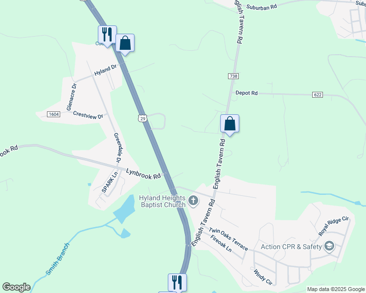 map of restaurants, bars, coffee shops, grocery stores, and more near 212 Edna Lane in Rustburg