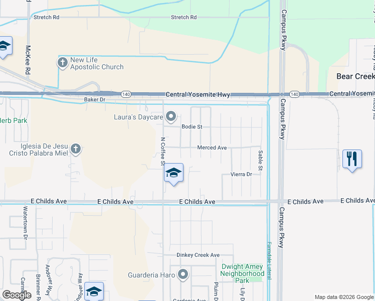 map of restaurants, bars, coffee shops, grocery stores, and more near 197 Citadel Court in Merced