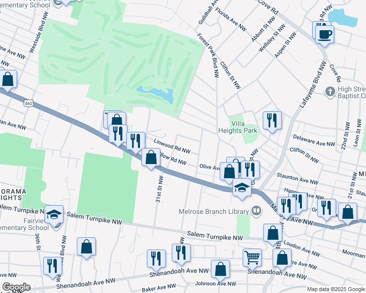 map of restaurants, bars, coffee shops, grocery stores, and more near 3033 Linwood Road Northwest in Roanoke