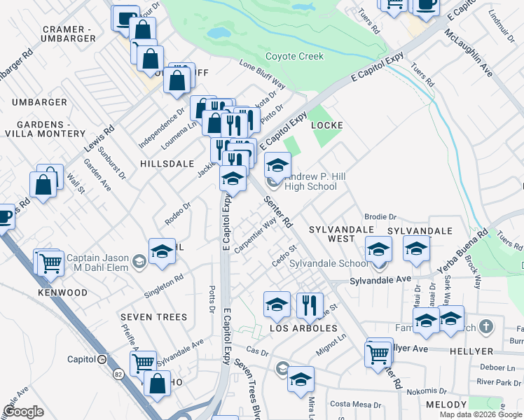 map of restaurants, bars, coffee shops, grocery stores, and more near 540 Groth Place in San Jose