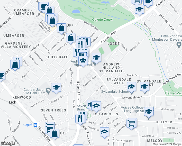 map of restaurants, bars, coffee shops, grocery stores, and more near 540 Groth Place in San Jose