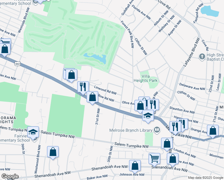 map of restaurants, bars, coffee shops, grocery stores, and more near 3033 Linwood Road Northwest in Roanoke