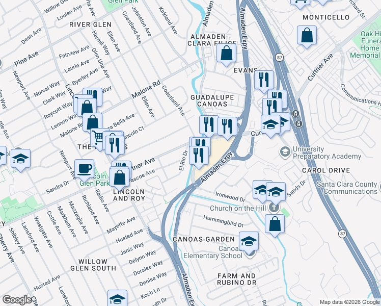 map of restaurants, bars, coffee shops, grocery stores, and more near 878 El Rio Drive in San Jose