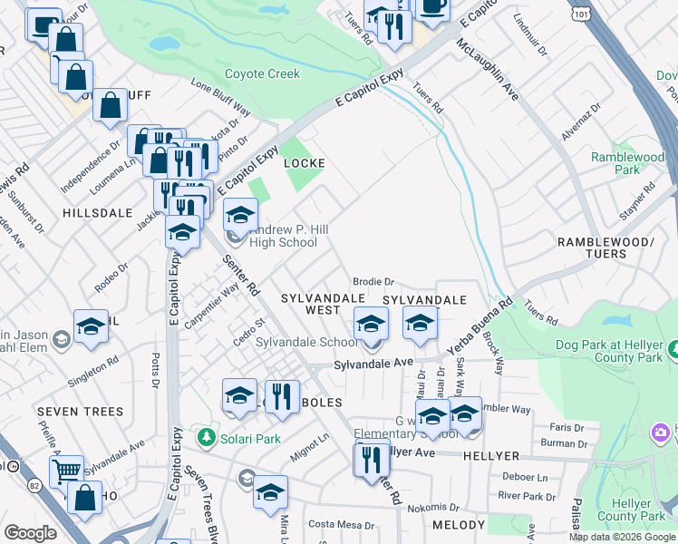 map of restaurants, bars, coffee shops, grocery stores, and more near 691 Swallow Drive in San Jose