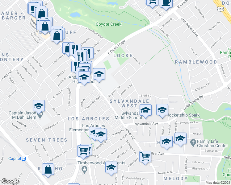 map of restaurants, bars, coffee shops, grocery stores, and more near 654 Singleton Road in San Jose