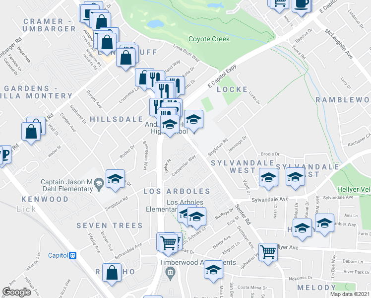 map of restaurants, bars, coffee shops, grocery stores, and more near 556 Groth Place in San Jose