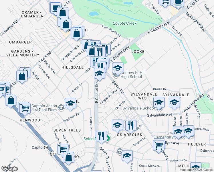 map of restaurants, bars, coffee shops, grocery stores, and more near 3195 Senter Road in San Jose