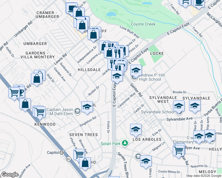 map of restaurants, bars, coffee shops, grocery stores, and more near 3180 Welby Court in San Jose
