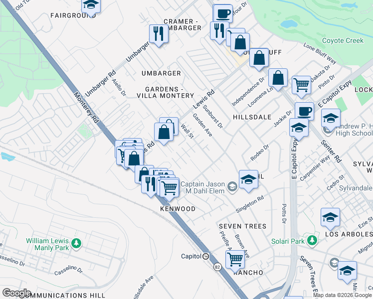 map of restaurants, bars, coffee shops, grocery stores, and more near 2982 Angeloni Place in San Jose