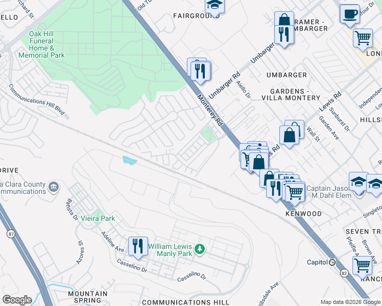 map of restaurants, bars, coffee shops, grocery stores, and more near 156 Esfahan Drive in San Jose