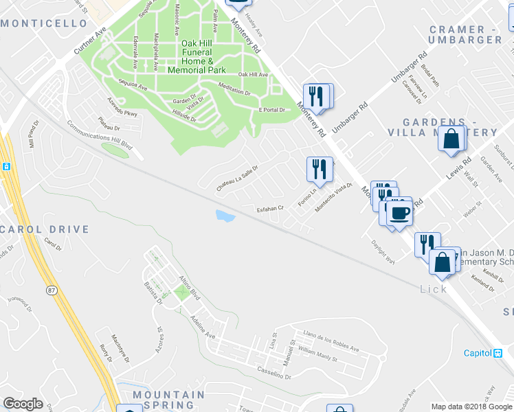 map of restaurants, bars, coffee shops, grocery stores, and more near 337 Esfahan Drive in San Jose
