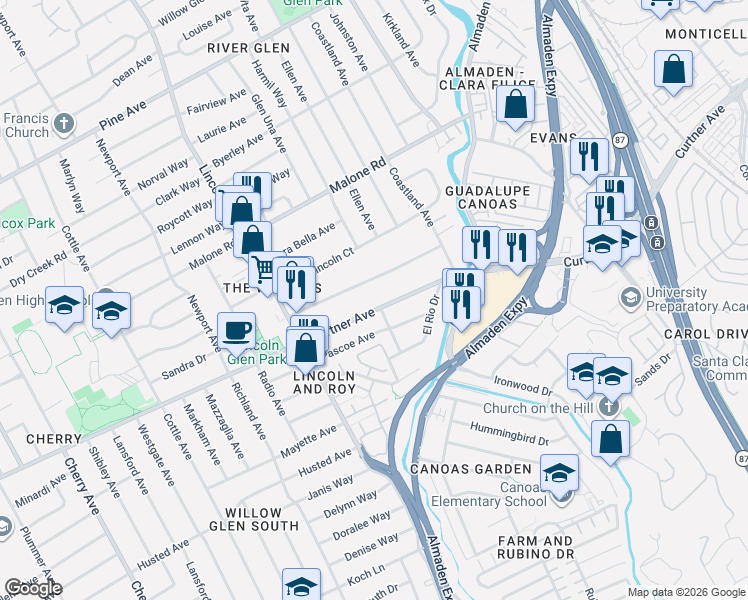 map of restaurants, bars, coffee shops, grocery stores, and more near 953 Curtner Avenue in San Jose