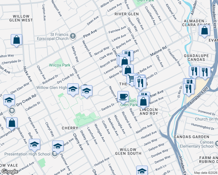 map of restaurants, bars, coffee shops, grocery stores, and more near 2075 Newport Avenue in San Jose