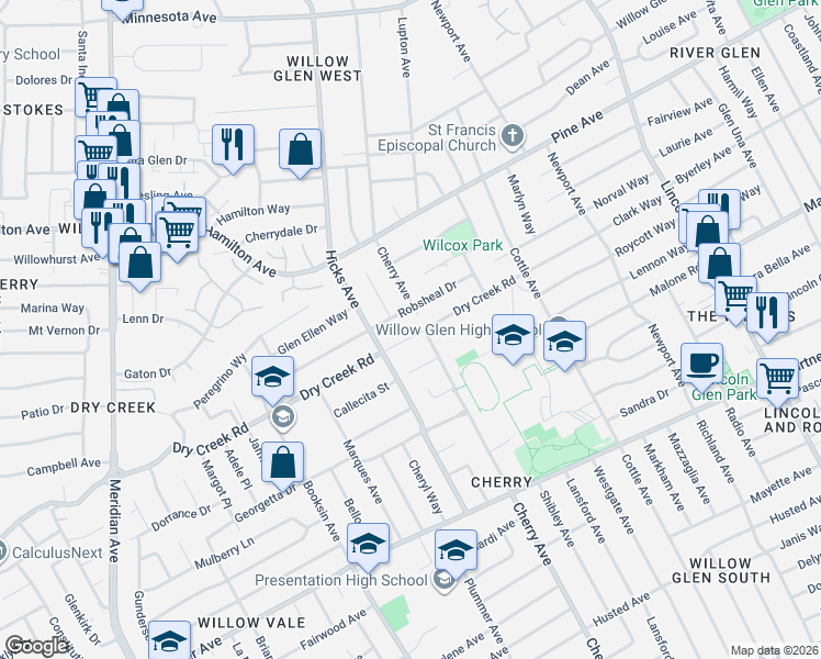 map of restaurants, bars, coffee shops, grocery stores, and more near 1378 Robsheal Drive in San Jose