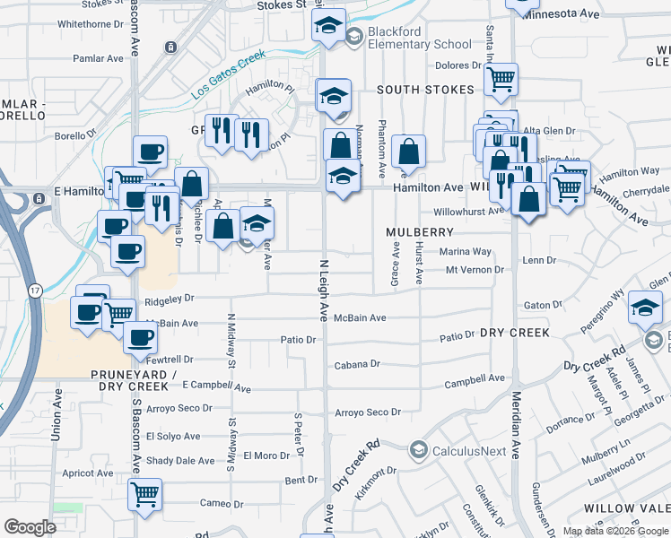 map of restaurants, bars, coffee shops, grocery stores, and more near 1949 Cronwell Drive in San Jose