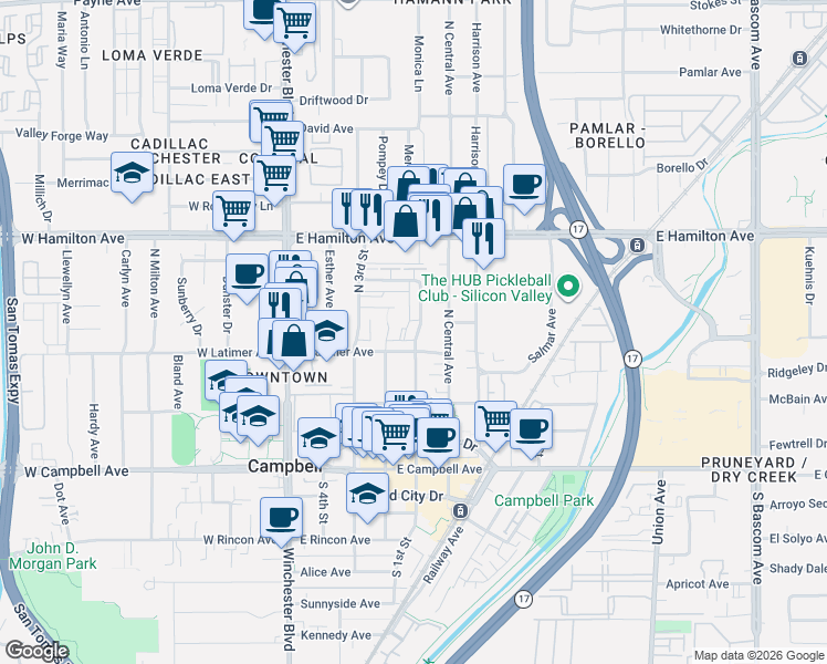 map of restaurants, bars, coffee shops, grocery stores, and more near 312 North 2nd Street in Campbell