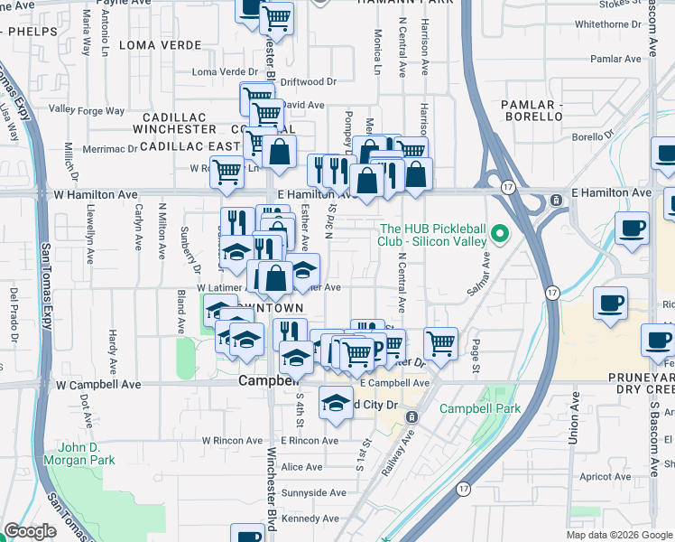 map of restaurants, bars, coffee shops, grocery stores, and more near 314 North 3rd Street in Campbell