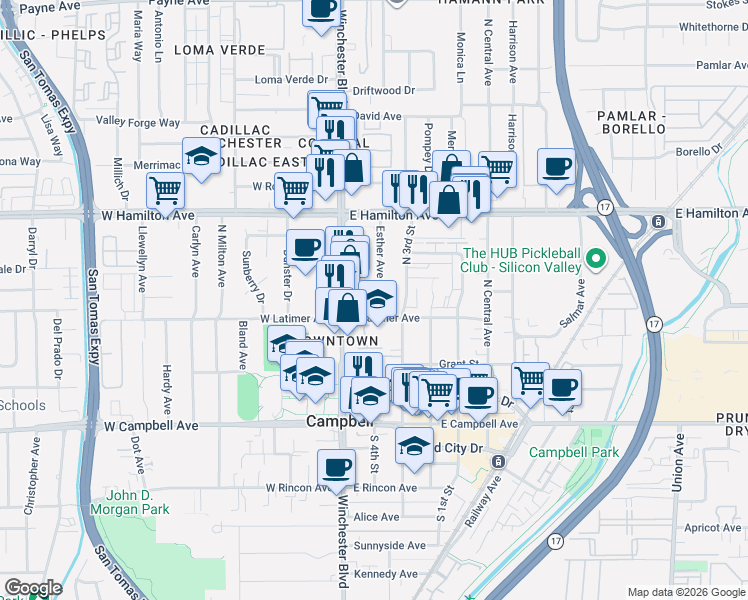 map of restaurants, bars, coffee shops, grocery stores, and more near 293 Esther Avenue in Campbell