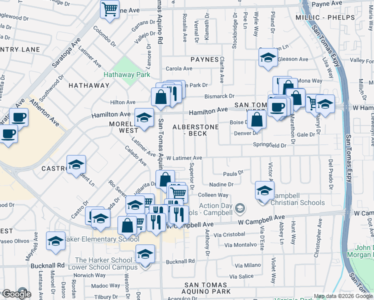 map of restaurants, bars, coffee shops, grocery stores, and more near 1729 Hayford Drive in San Jose