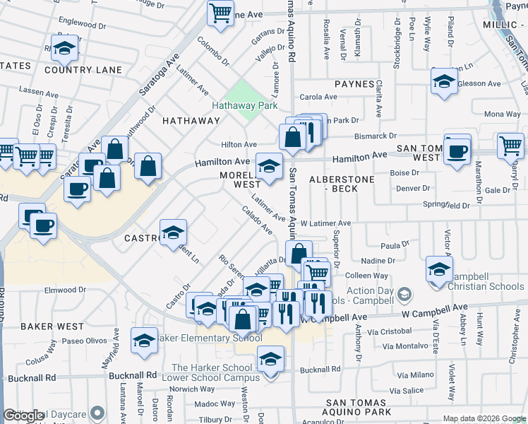 map of restaurants, bars, coffee shops, grocery stores, and more near 4260 Latimer Avenue in San Jose