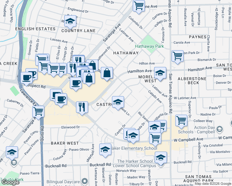map of restaurants, bars, coffee shops, grocery stores, and more near 1697 Duvall Drive in San Jose