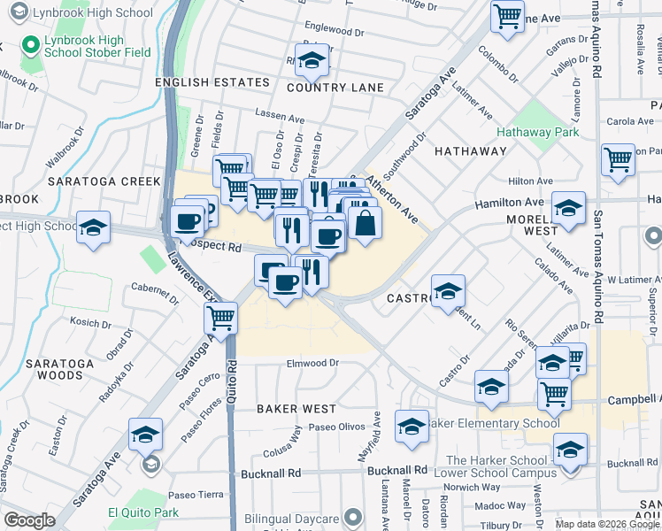 map of restaurants, bars, coffee shops, grocery stores, and more near 1600 Saratoga Avenue in San Jose