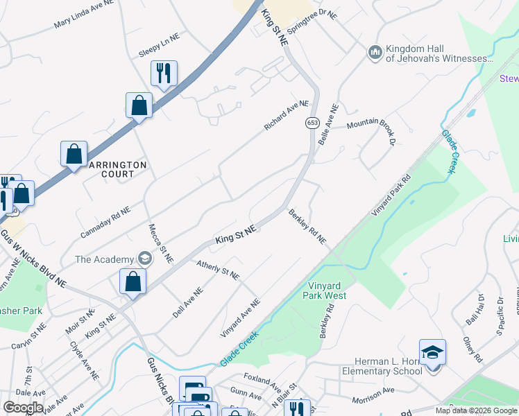 map of restaurants, bars, coffee shops, grocery stores, and more near 3103 Belle Ave NE in Roanoke