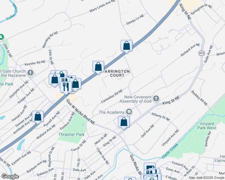 map of restaurants, bars, coffee shops, grocery stores, and more near 2606 Cannaday Road Northeast in Roanoke