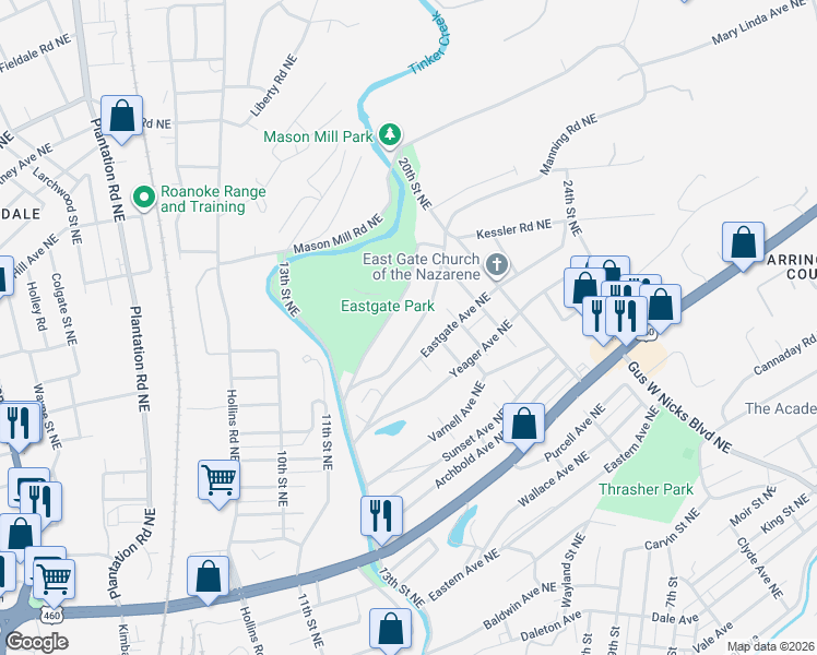 map of restaurants, bars, coffee shops, grocery stores, and more near 1615 North Avenue Northeast in Roanoke