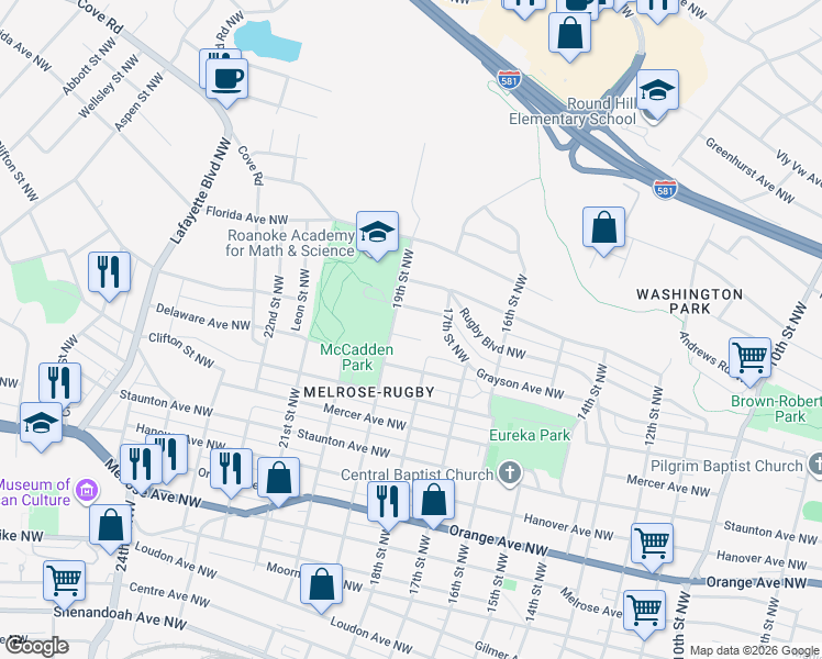 map of restaurants, bars, coffee shops, grocery stores, and more near 1822 Grayson Avenue Northwest in Roanoke
