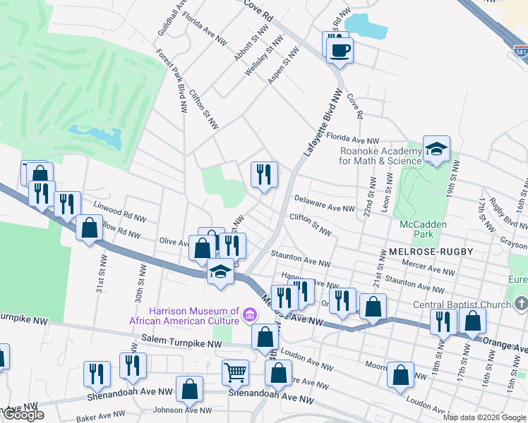 map of restaurants, bars, coffee shops, grocery stores, and more near 2628 Clifton Street Northwest in Roanoke